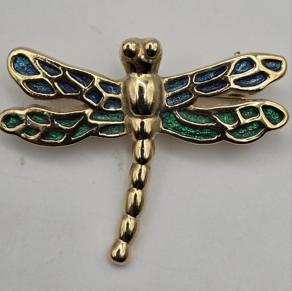Vintage Roman Dragonfly Pin Brooch Gold Tone Blue Green Enamel - Picture 2 of 6